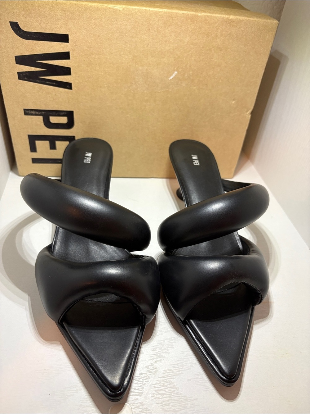 JW PEI Black Pointed Toe Puff Strap Mules